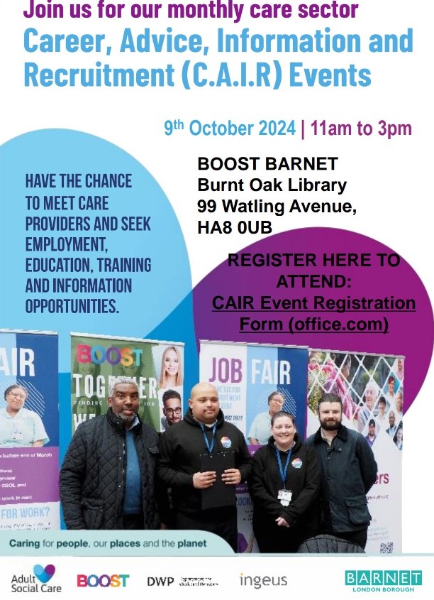 CAIR Event flyer. Says: Join us for our monthly Creer advice, Information, and Recruitment (CAIR) Event.  on the 9th Of October from 11-3PM  Have the chance to meet care providers and seek employment, education, training and information opportunities.